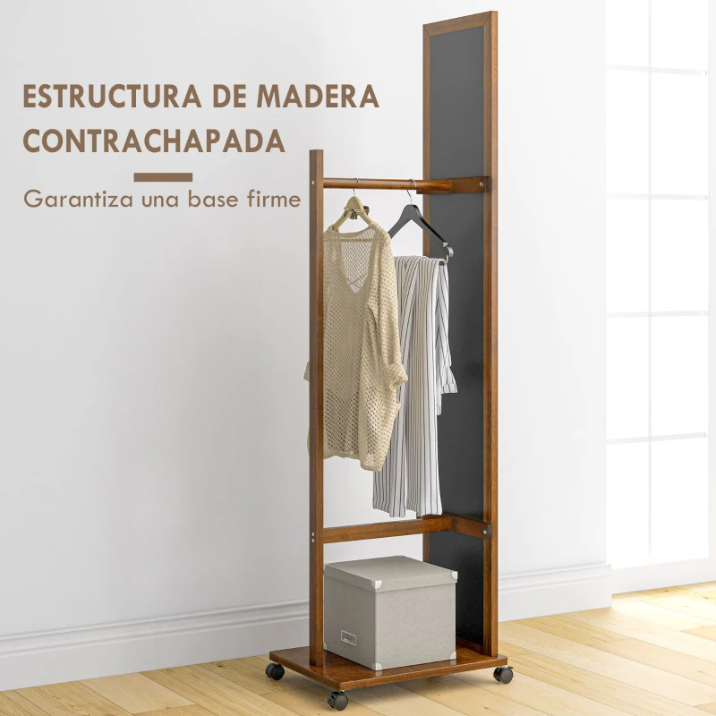 HOMCOM Espejo de Cuerpo Entero con Ruedas Espejo Largo con Barra para Ropa y Estante Inferior 35,5x49,5x167,8 cm Nogal