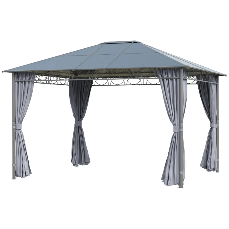 Outsunny Gazebo da Giardino 3.6x3m con Tetto in Policarbonato Anti UV e Tende, Grigio