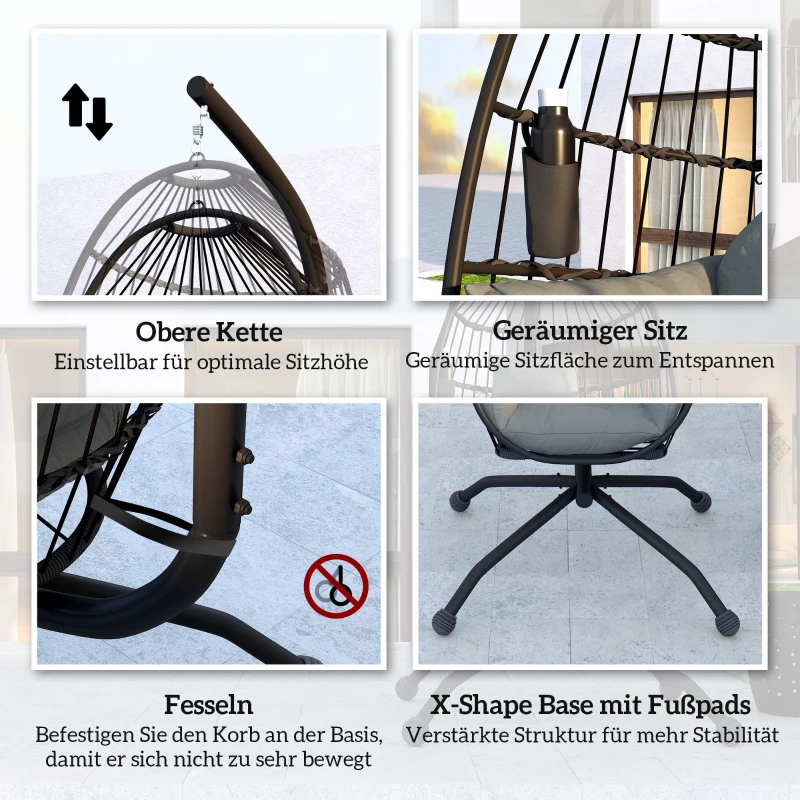 Outsunny Buitenhangstoel met inklapbare korfzitting en dikke kussens, standaard, hoofdsteun, bekerhouder, Zwart