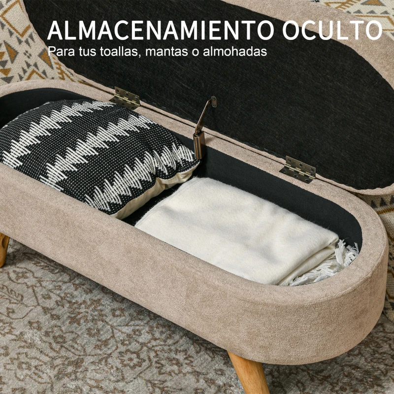 HOMCOM Banco de Almacenaje con Patas de Madera y Asiento Acolchado Carga 120 kg Puff Almacenaje Ovalado Beige