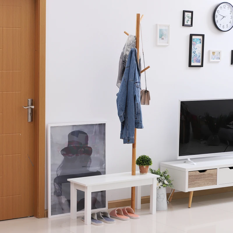 HOMCOM Garderobenständer Kleiderhaken Garderobe mit Sitzbank Baum-Design Zweige 6 Haken Eingangsbereich MDF + Bambus Weiß + Natur 80 x 30 x 180 cm