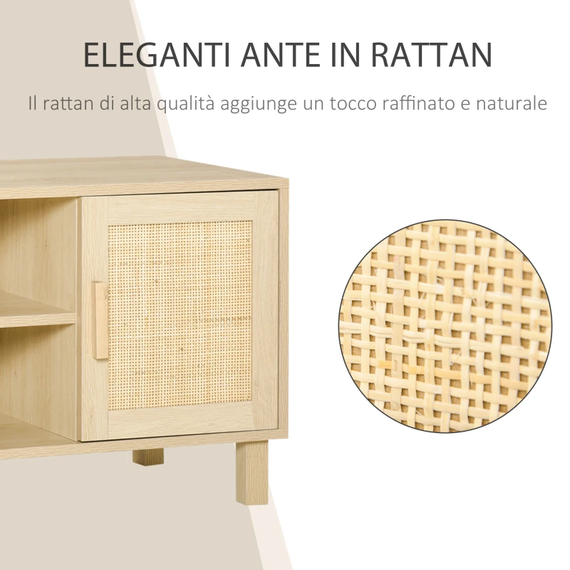 HOMCOM Mobile Porta TV con Vani Aperti e Ante in Rattan, Mobiletto per TV Fino 50", 115x40x48cm, Colore Legno