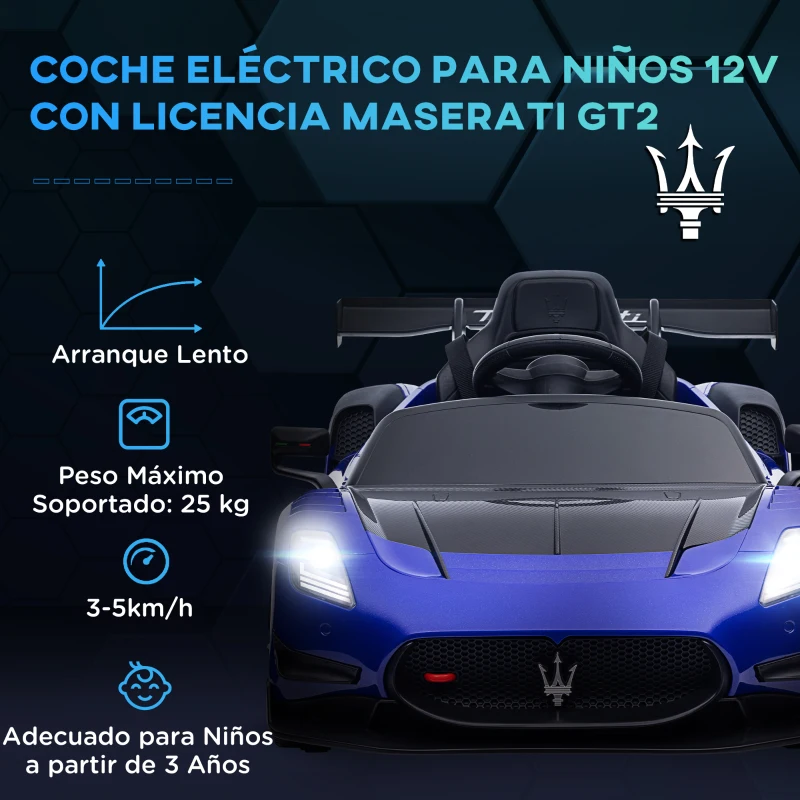 AIYAPLAY Coche Eléctrico para Niños de +3 Años Maserati GT2 con Mando a Distancia Faros LED Bocina Música Ruedas Auxiliares Azul(m-4)