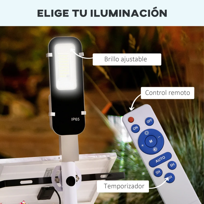 Outsunny Luz Solar Exterior con 54 LED IP65 Impermeable con Iluminación Blanca Fría y Mando a Distancia 68x37x16 cm Plata