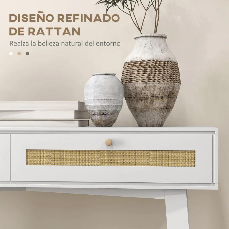 HOMCOM Consola Recibidor Mesa de Entrada con 2 Cajones de Diseño de Ratán y Estante Abierto para Pasillo 100x30x81 cm Blanco