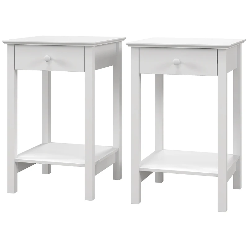 HOMCOM White Bedside Table, Wooden Side Table, Nightstand, Bedside Cabinet with Drawer and Storage Shelf for Bedroom and Living Room, Set of 2