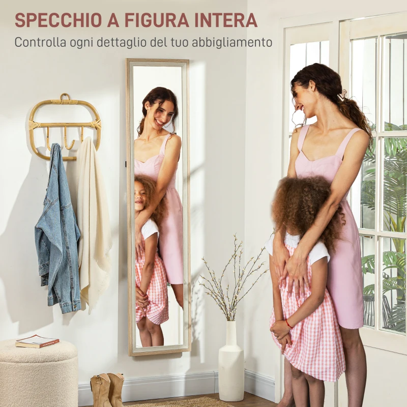 HOMCOM Specchio Moderno a Figura Intera da Parete e Autoportante, 37x157 cm, Bianco e Legno