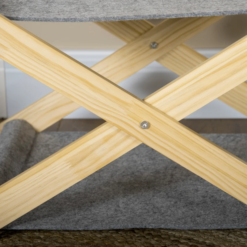 PawHut Katzenbett mit Gestell 2 Ebenen Haustierbett Ballspielzeug faltbar Hundebett Indoor Kiefernholz Natur+Grau 52 x 42 x 33,5 cm