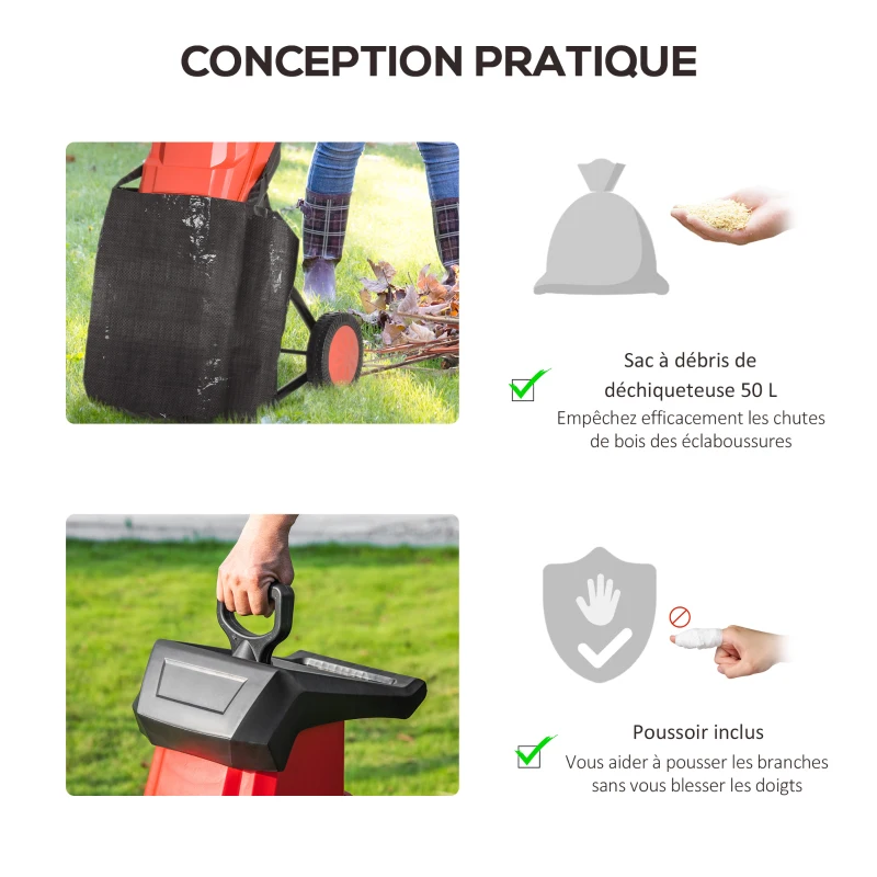 Outsunny Broyeur de végétaux - broyeur de Branches 2500 W - Sac récupération 50 L - roulettes & Poussoir - PP Rouge Noir