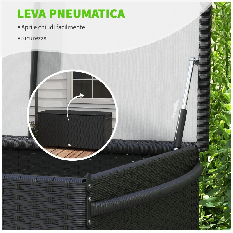 Outsunny Baule da Giardino in Rattan PE con Ruote e Maniglia Laterale, 121x57x67cm, Nero