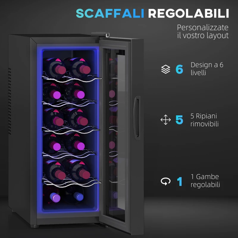HOMCOM Cantinetta Frigorifero per 12 Bottiglie con Doppio Controllo Temperatura, Ripiani Regolabili e Luci, Nero