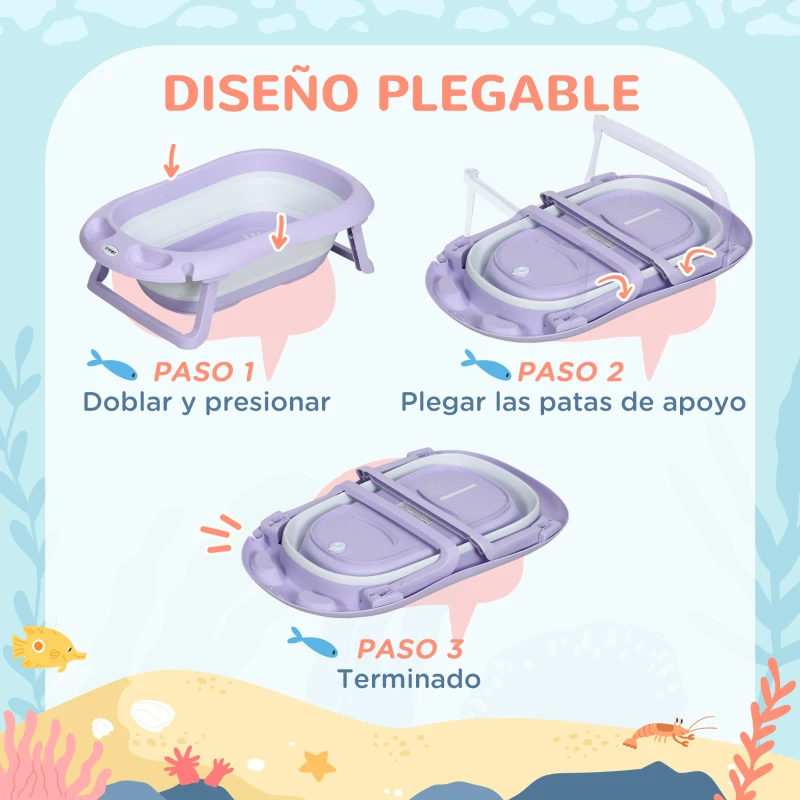 ZONEKIZ Bañera Bebé Plegable con Cojín Almohadillas Antideslizantes Orificio de Drenaje y Agujero de Ducha 83x48x23,5cm Púrpura