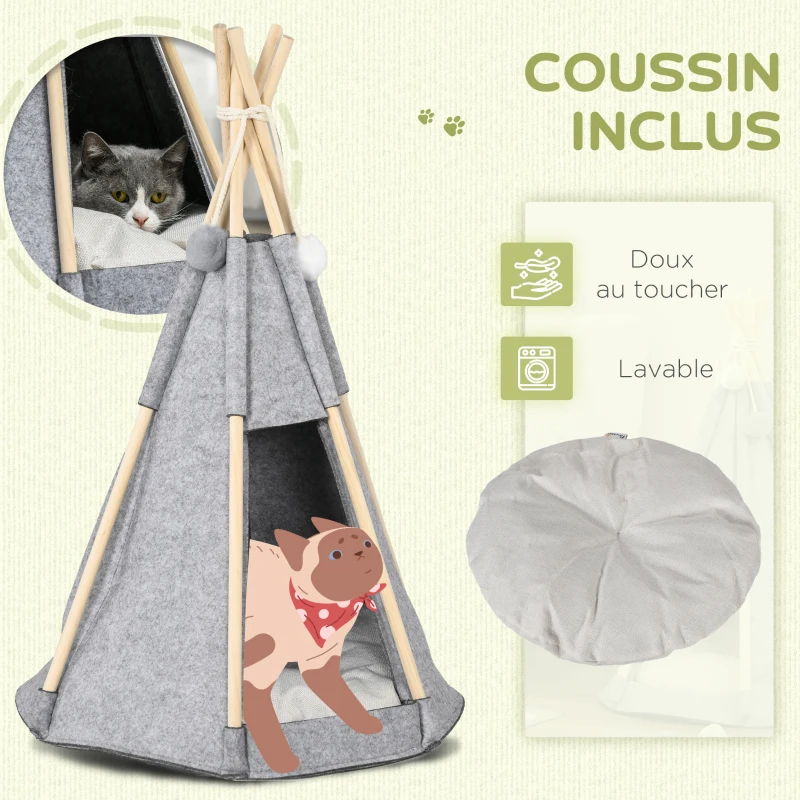 PawHut Tente tipi pour animaux teepee chat ou chien coussin épais 2 pompons inclus structure bois de pin feutrine peluche gris