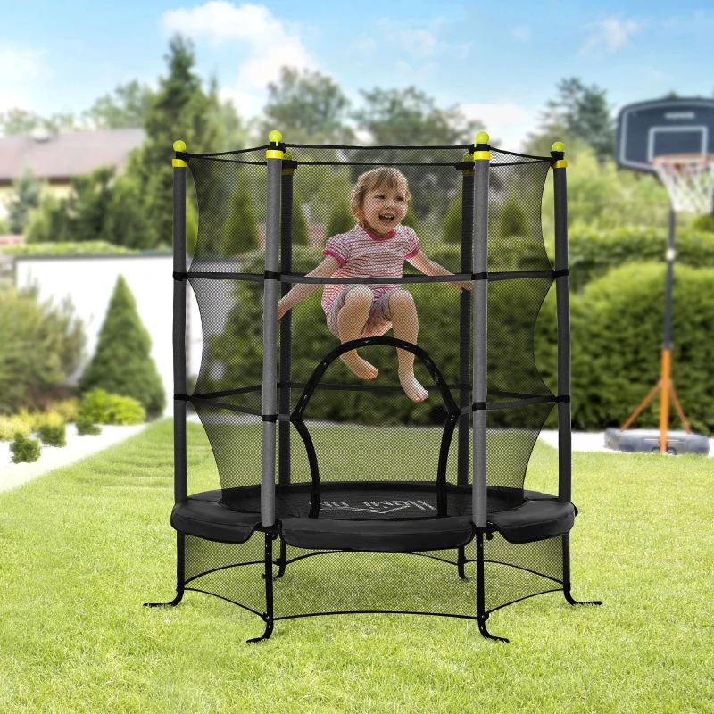 HOMCOM Trampolín para Niños +3 Años con Superficie de Salto Ø110 cm Red de Seguridad y Cubierta Protectora Ø163x163 cm Negro