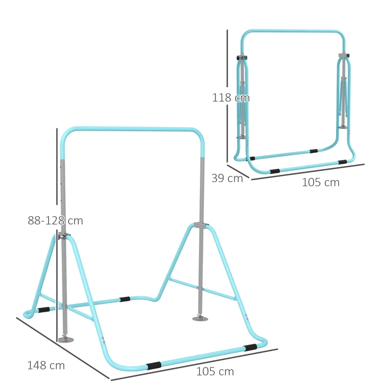 HOMCOM Kids Gymnastic Bar, Foldable Horizontal Bars w/ Adjustable Height, Training Bar w/ Triangle Base - Light Blue