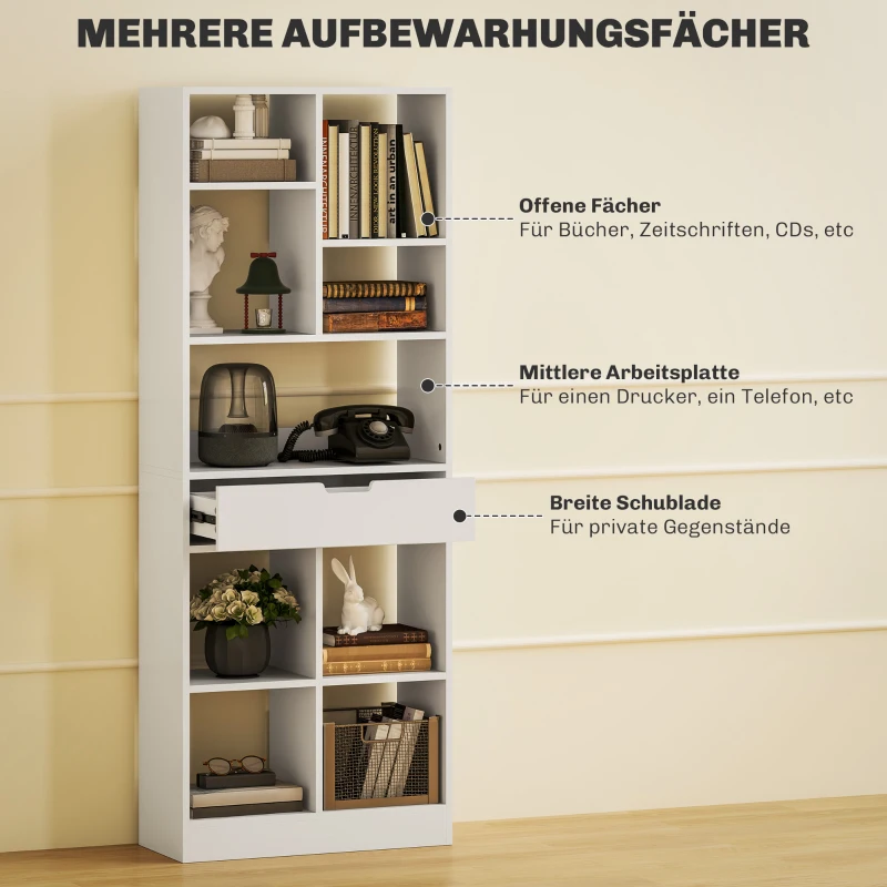 HOMCOM Bücherregal, Mehrzweckregal, 9 Fächer, Schublade, Kippschutz, 60 x 26 x 158 cm, Weiß