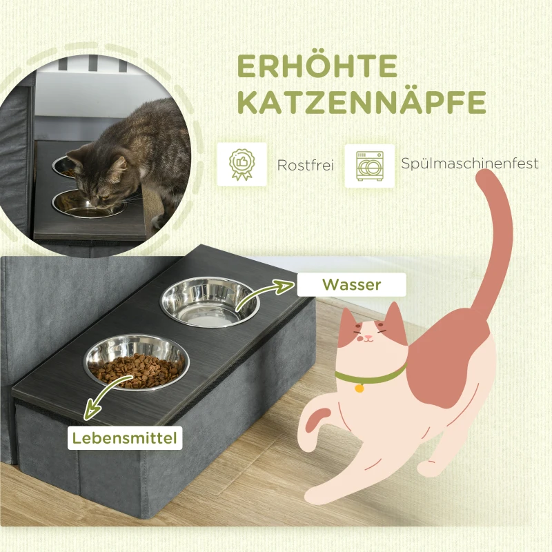 PawHut Katzenhaus Katzenhütte Katzenhöhle, 3 Haustiertreppen, 2 Fressnäpfe, 70 x 50 x 51, cm, Grau(m-5)