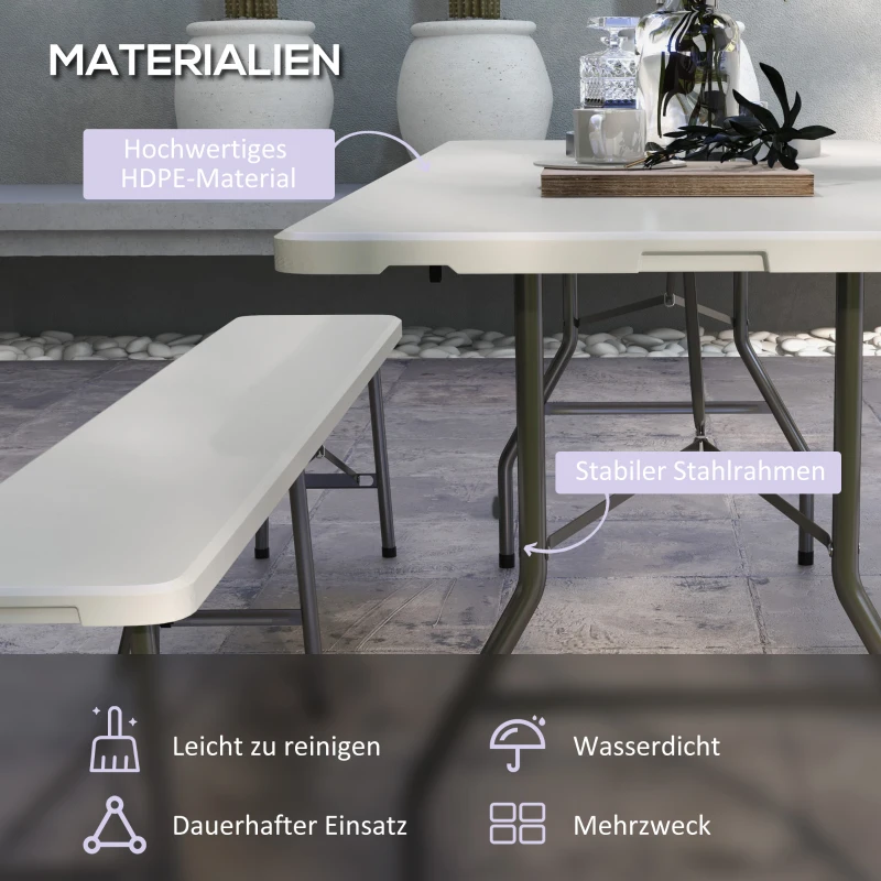 Outsunny Bierzeltgarnitur für 6 Personen, 3-teilig, klappbar, Leichtbau, wetterfest, Stahlrahmen, Weiß