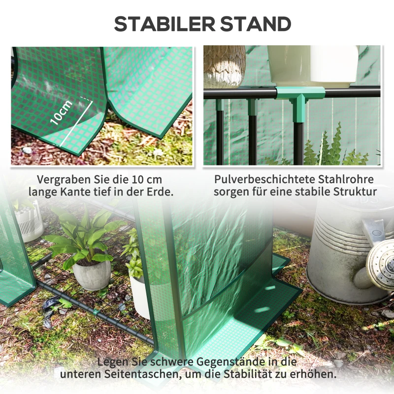 Outsunny Mini-kas met 3-laags rek, kunststof afdekking, UV-bestendig, draagbaar, oprolbare deur, 144 x 48 x 152 cm, Groen