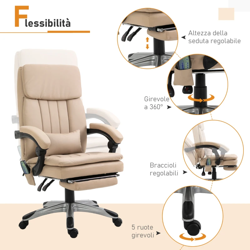 Vinsetto Poltrona Massaggiante da Ufficio, Altezza Regolabile e Reclinabile in Pelle PU, 67x69x106.5-114.5cm Beige