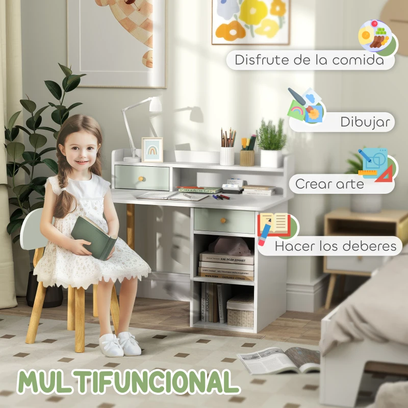 AIYAPLAY Juego de Escritorio Infantil con Silla Pupitre Infantil con Cajones Compartimento y Estantes Verde Claro y Blanco