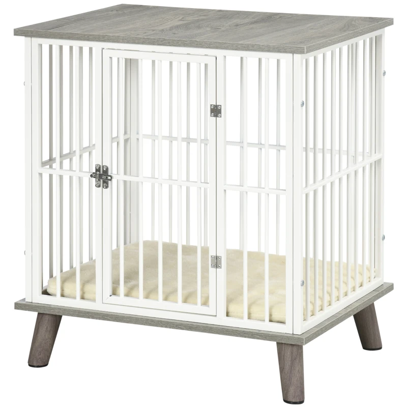 PawHut Dog Crate Furniture, Indoor Pet Kennel Cage, Top End Table w/ Soft Cushion, Lockable Door, for Small Dogs, 64.5 x 48 x 70.5 cm - Grey