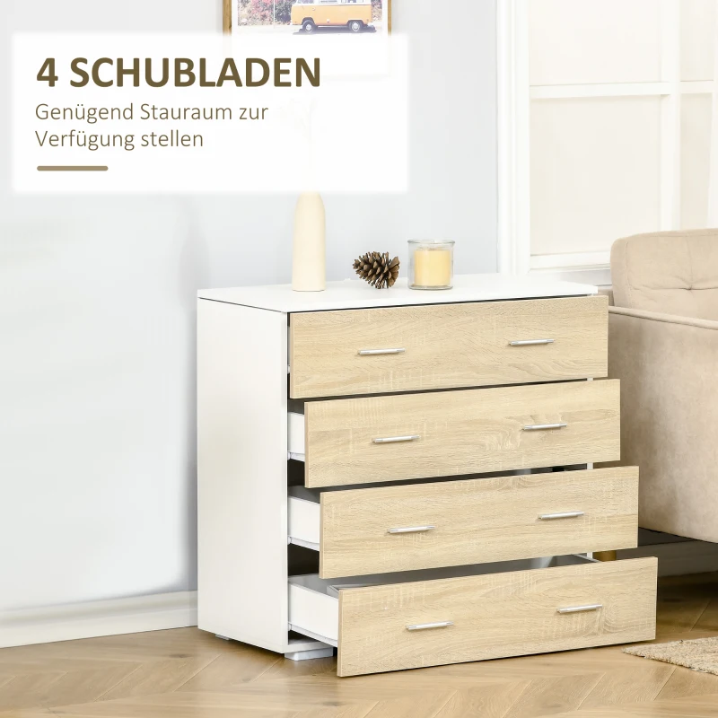 HOMCOM Kommode mit 4 Schubladen Badezimmerschrank Schubladenschrank für Schlafzimmer Wohnzimmer Eiche Weiß 76x35x72 cm