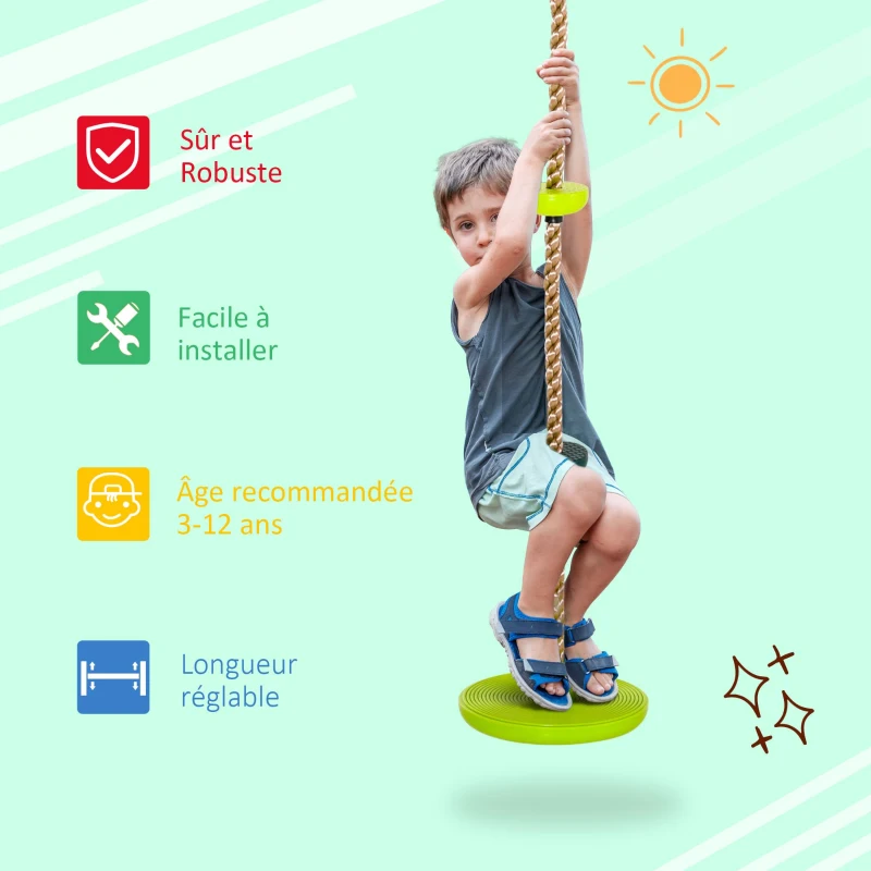 HOMCOM Corde d'escalade avec siège de balançoire Rond 2 m pour Enfant - Usage intérieur/extérieur - Charge Max. 100 Kg - PP Rouge Bleu Vert