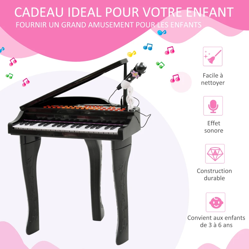 HOMCOM Piano à Queue électronique 37 Touches Multifonctions avec Micro Haut Parleur, tabouret, lumière LED, fonction d'enregistrement et de relecture, instrument de musique enfant 3 à 6 ans Noir