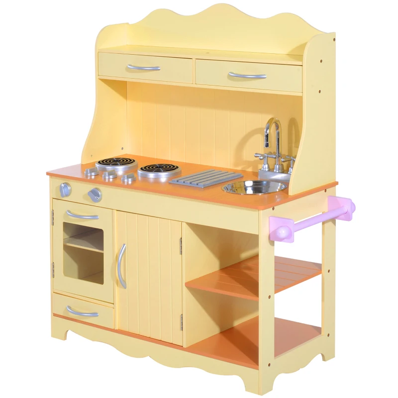 HOMCOM Cuisine pour enfants en bois jeu jouet d'imitation grand réalisme multi-équipement jaune pâle