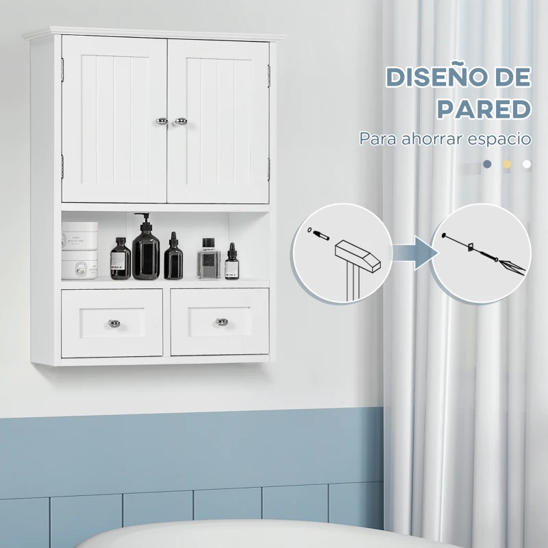 kleankin Armario de Pared para Baño Armario Colgante de Baño con 2 Puertas y 2 Cajones para Cocina 50,8x17,8x66 cm Blanco(m-5)