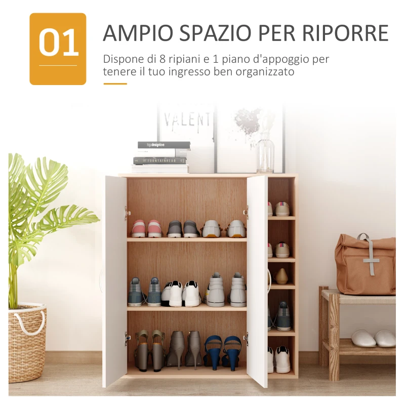 HOMCOM Scarpiera Slim da Parete, Mobile Multiuso con 2 Ante e Ripiani Regolabili per Camera da Letto e Ingresso, in Legno, 80x32x91cm
