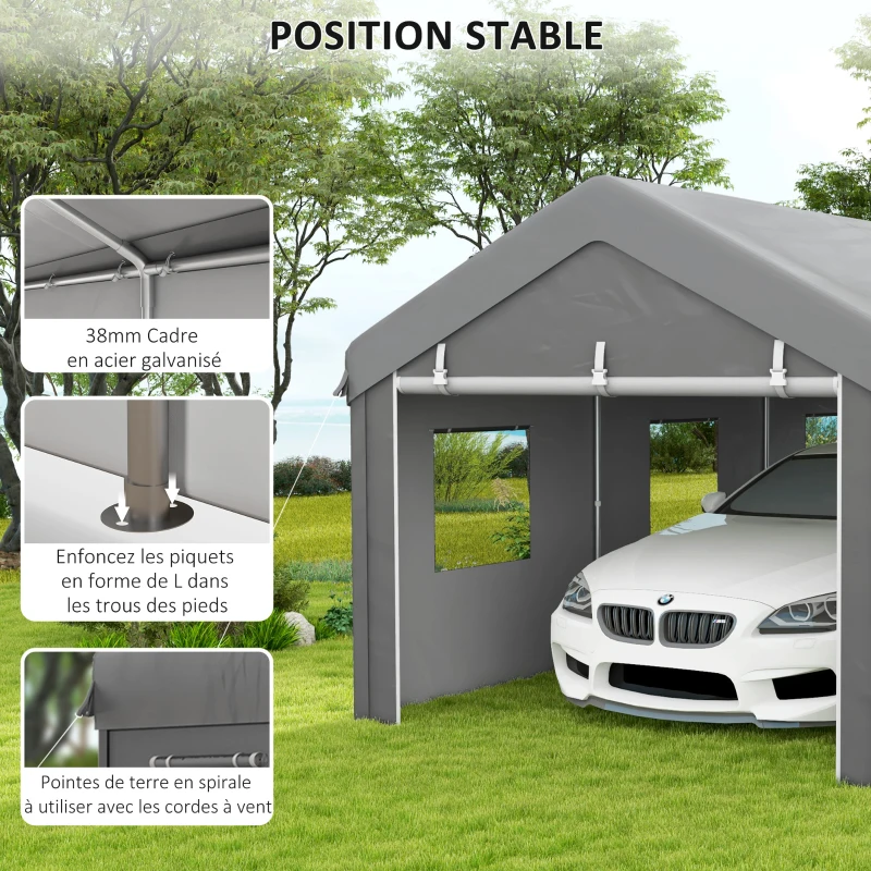 Outsunny Tente garage carport 6L x 2,95l x 2,78H m acier galvanisé PE haute densité 160 g/m²  2 portes enroulables et 6 fenêtres