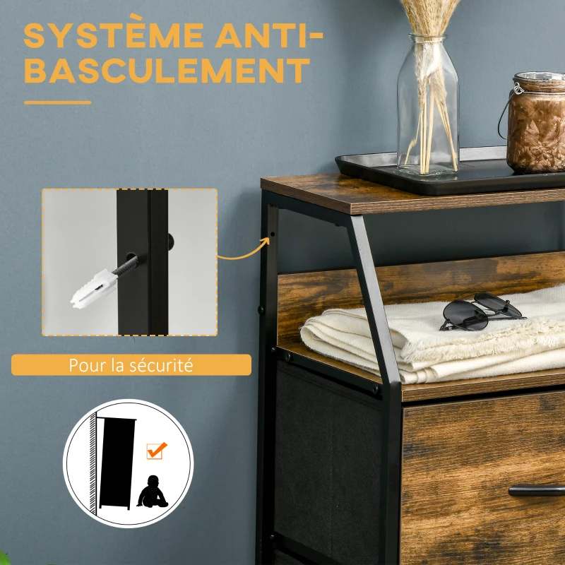 HOMCOM Meuble de rangement style industriel commode 3 tiroirs en tissu amovibles et 2 étagères - 44 x 29 x 92 cm - bois et métal