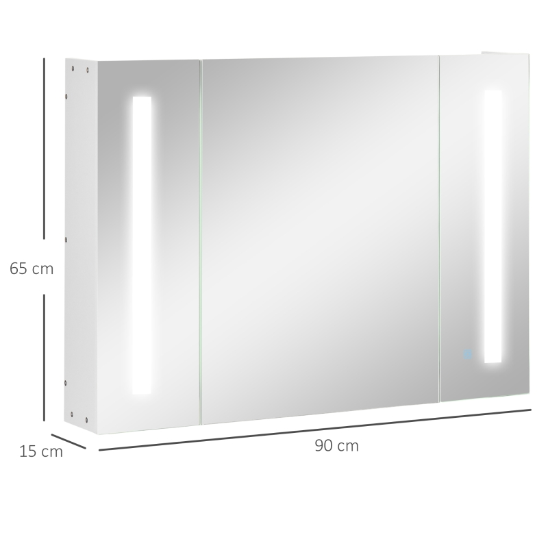 kleankin Spiegelschrank 3 Spiegeltüren LED-Lichter 90 × 15 × 65 cm Weiß