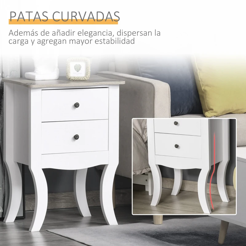 HOMCOM Mesilla de Noche Cajonera con 2 Cajones de Almacenaje Base Elevada para Dormitorio Salón Estilo Nórdico y Vintage 46,5x32x64,5 cm Blanco