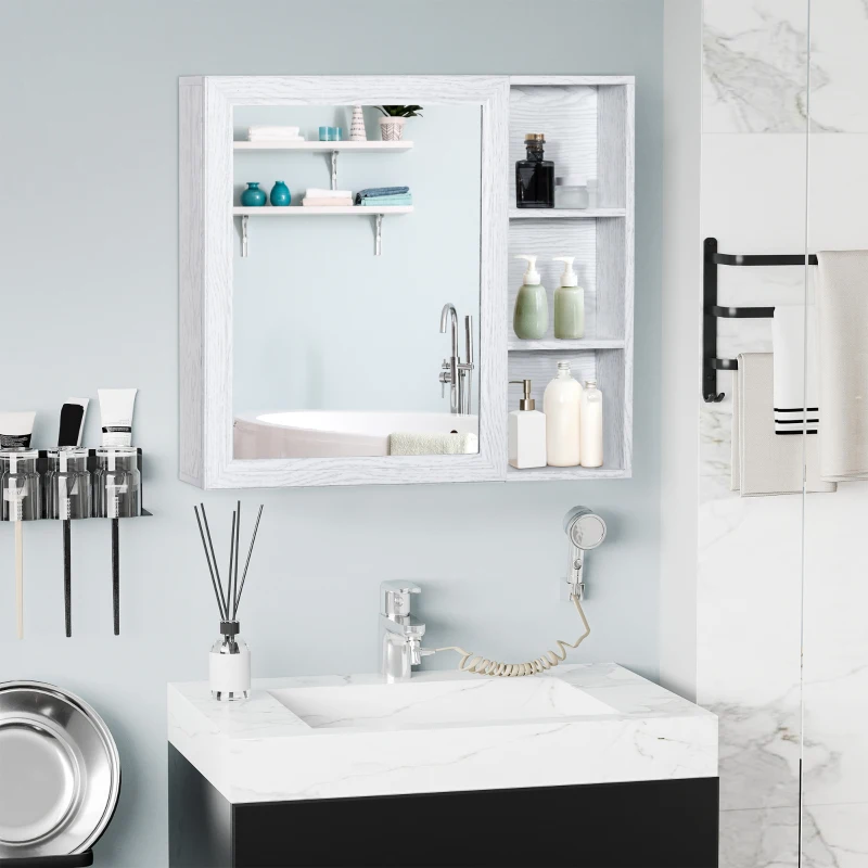kleankin Bathroom Mirror Cabinet with Shelves, Wall Mounted Bathroom Cabinet with Aluminium Frame and Single Mirrored Door, 80cm x 12.5cm x 70cm, White