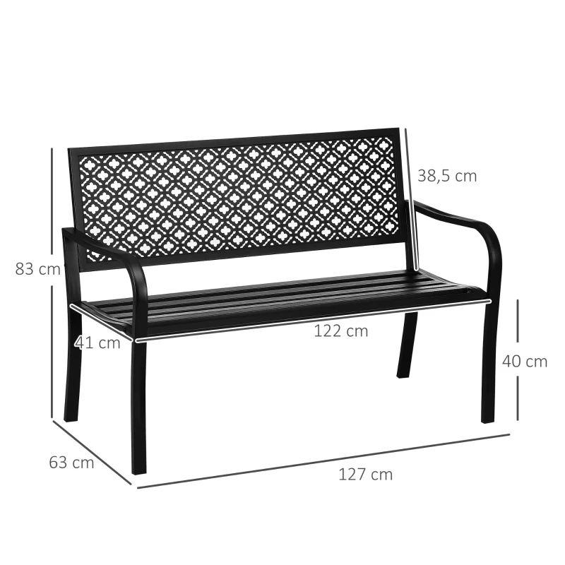 Outsunny Gartenbank aus Metall, 2-Sitzer, Blumenmuster, wetterbeständig, 127 x 63 x 83cm, Schwarz