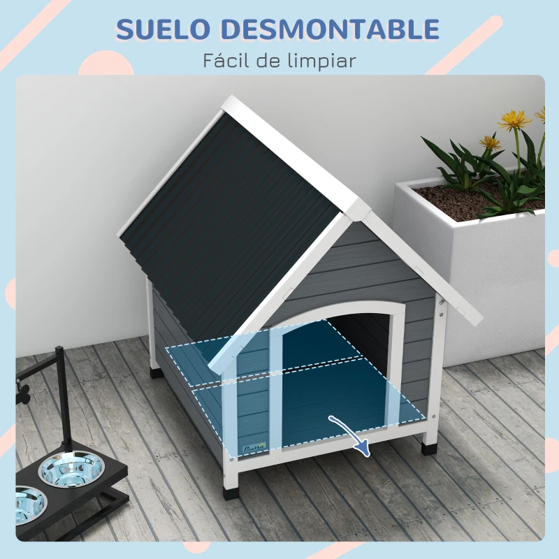PawHut Casa para Perros Medianos 75x88x82 cm con Techo Ondulado Base Elevada y Suelo Desmontable Gris