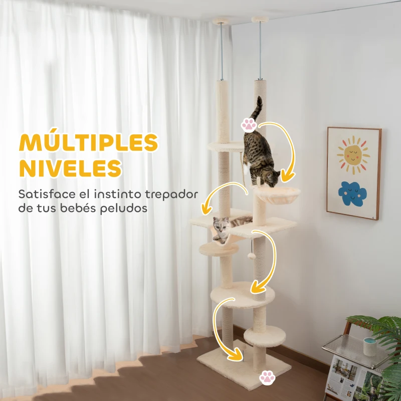 PawHut Árbol para Gatos de Suelo a Techo 225-255 cm con Hamacas Plataformas Juguete de Cuerda Bola de Juguete Beige y Gris