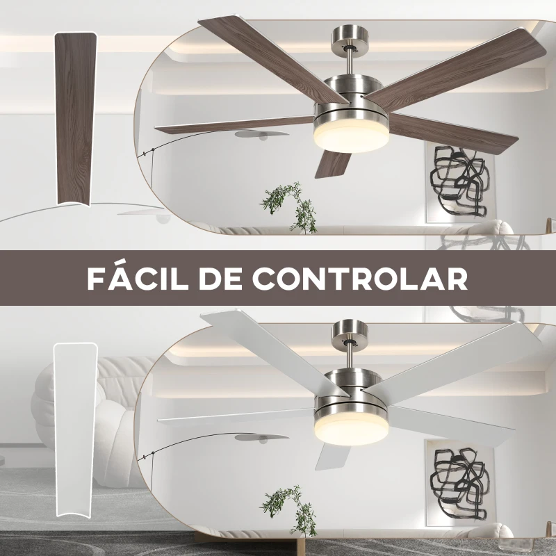 HOMCOM Ventilador de Techo con Luz LED 46W Ventilador de Techo Silencioso Ø132 cm con 5 Aspas Reversibles Control Remoto Haya
