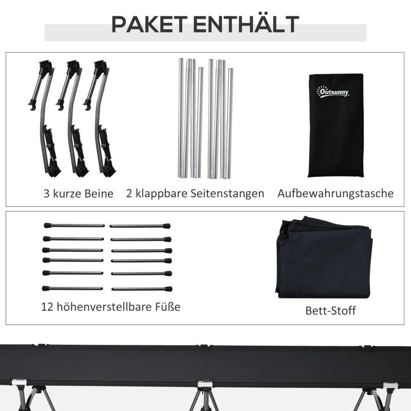 Outsunny Campingbett Klappbar Aluminium Feldbett Klappbett mit Tragetasche höhenverstellbar bis 150 kg belastbar Oxford Schwarz 190 x 65 x 38 cm