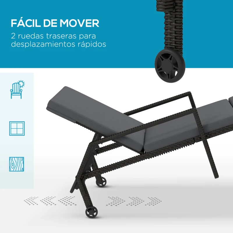 Outsunny Tumbona de Ratán Sintético con Respaldo Ajustable en 5 Posiciones Cojín y Ruedas 73x200x48 cm Gris Oscuro y Negro