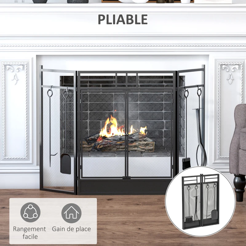 HOMCOM Pare-feu Large pour cheminée ou poêle - Pare-étincelles serviteur de cheminée 2 en 1 avec Accessoires - 3 Volets Pliables et Porte - Acier métal Noir