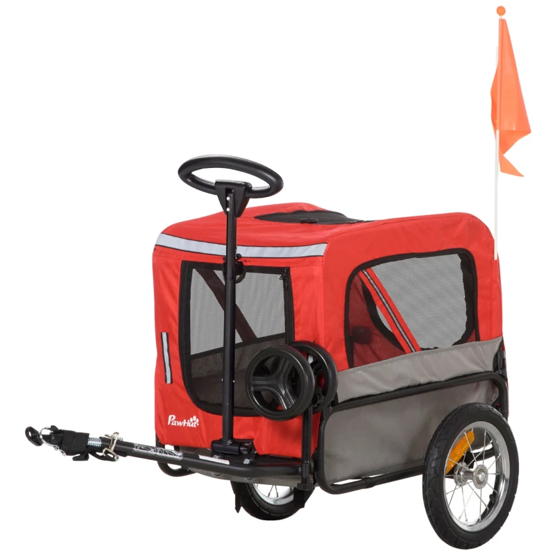 PawHut Remolque de Bicicleta para Perros 2 en 1 Carrito para Perros de Acero con Cinturón de Seguridad Mango de Empuje Extraíble Bandera y Reflectores 129x55,5x92 cm Rojo