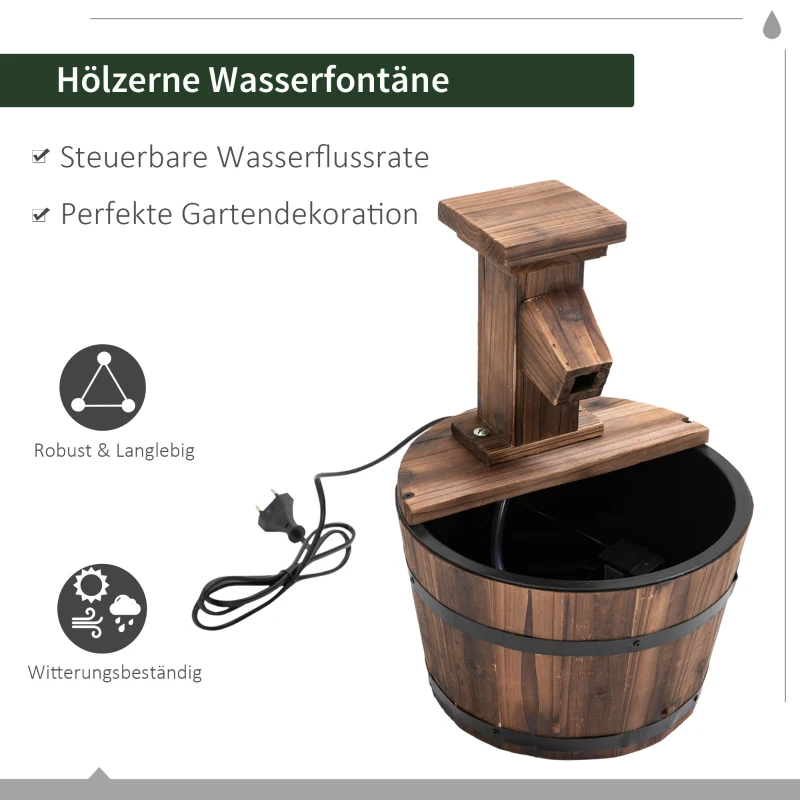 Outsunny Gartenbrunnen Zierbrunnen Springbrunnen Fassbrunnen Wasserfall Holzeimer Tannenholz + Metall Dunkelbraun Ø27 x 37 cm