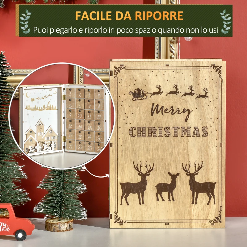 HOMCOM Calendario Avvento di Natale in Legno a forma di Libro con Temi natalizi, 22x7x32 cm, Bianco e color Legno
