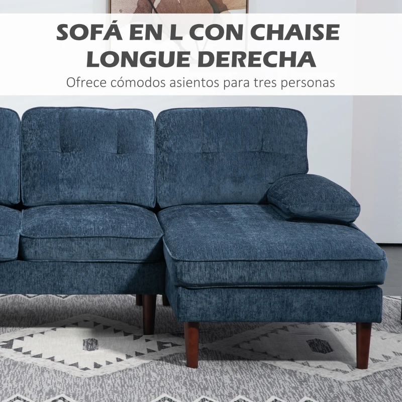 HOMCOM Sofá Chaise Longue en Forma de L Tapizado en Poliéster con Reposabrazos para Salón Carga 250 kg 215x142x88 cm Azul