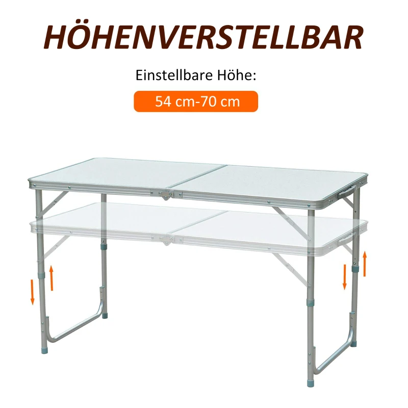 Outsunny Campingtisch Klapptisch Picknicktisch Koffertisch Esstisch höhenverstellbar Alu + MDF Weiß 120 x 60 x 54/70 cm