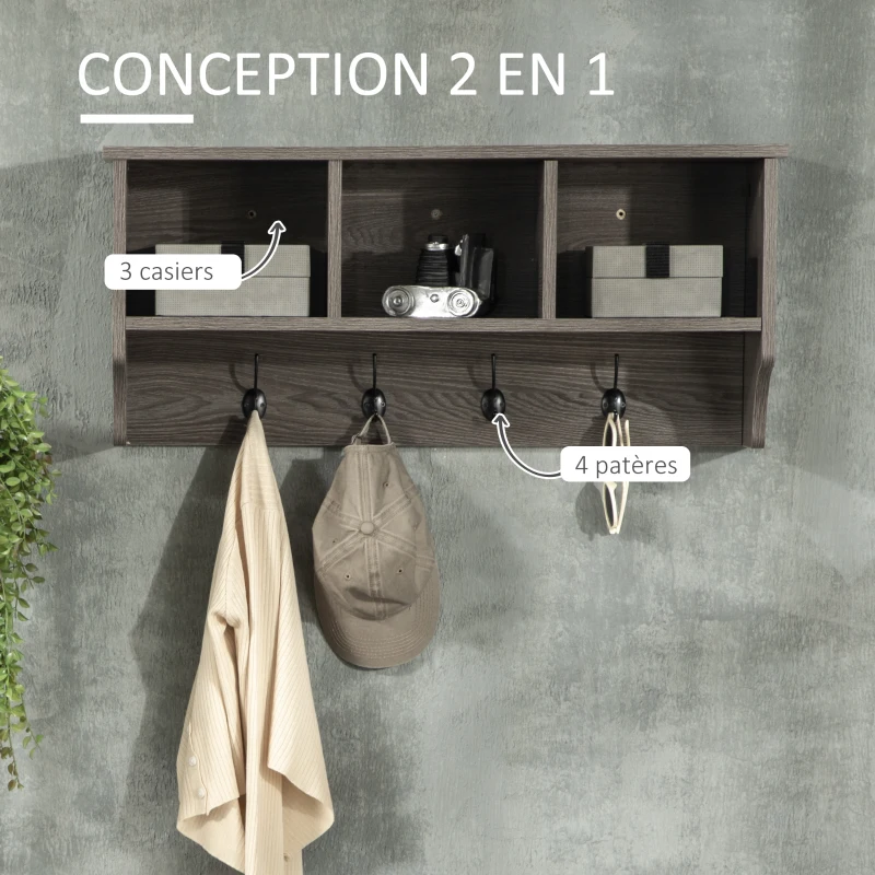 HOMCOM Porte-manteau Mural avec 3 Casiers de Rangement, Étagère Murale avec 4 Crochets, Étagère Suspendue avec cases, pour Entrée, Chambre, Salon Rustique - 80 x 24 x 35,5 cm